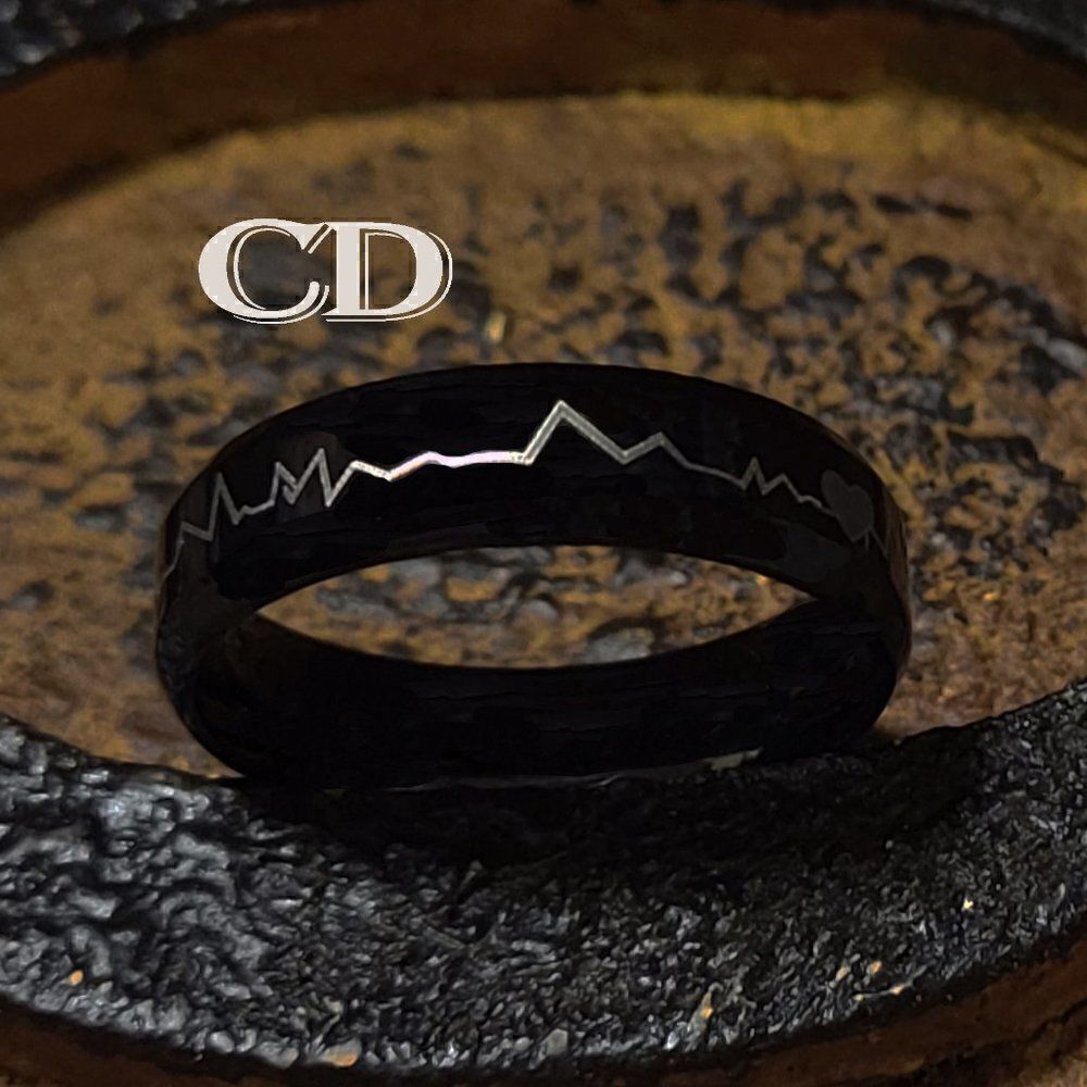 Men's Black Heartbeat Wedding Ring Band - Heartbeat Wedding Ring For Him